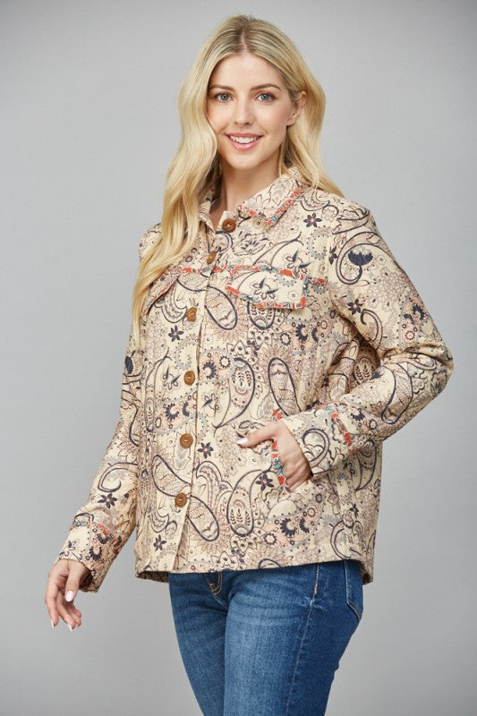 PAISLEY JACKET WITH PIPING DETAIL--BEIGE MULTI