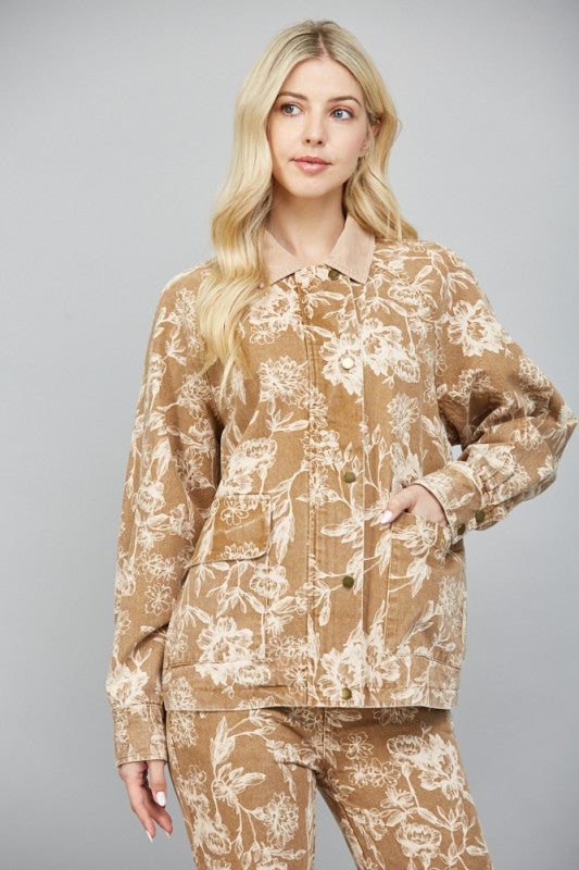 CONTRAST CORDUROY FLORAL JACKET--LIGHT BROWN