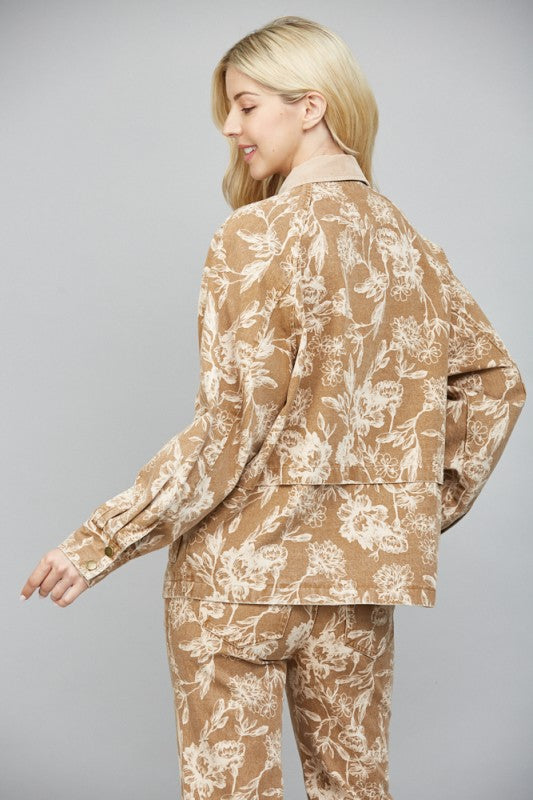 CONTRAST CORDUROY FLORAL JACKET--LIGHT BROWN