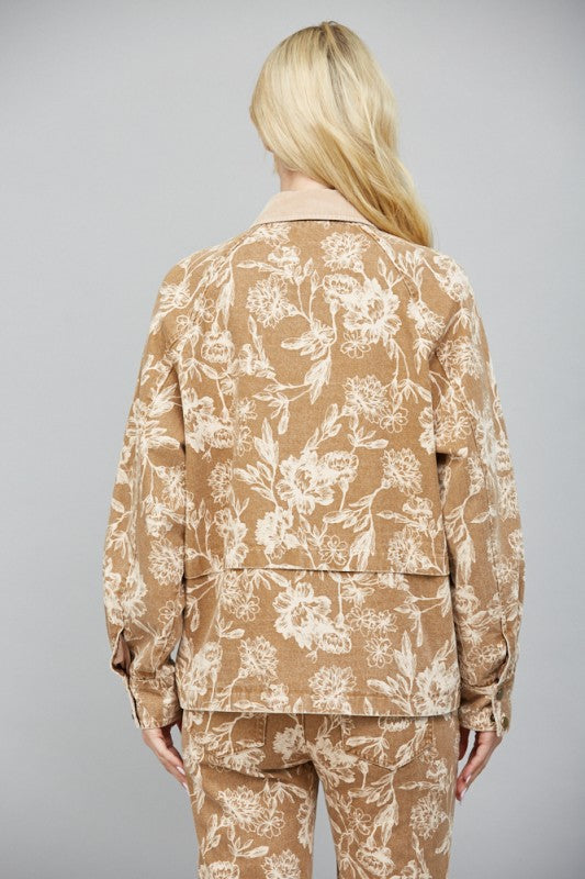 CONTRAST CORDUROY FLORAL JACKET--LIGHT BROWN