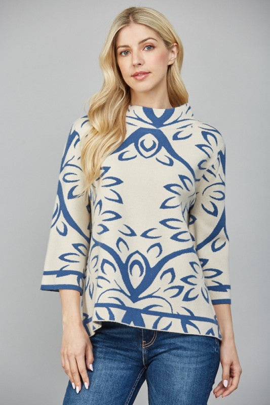 JACQUARD KNIT MOCK NECK SWEATER--CREAM/TEAL