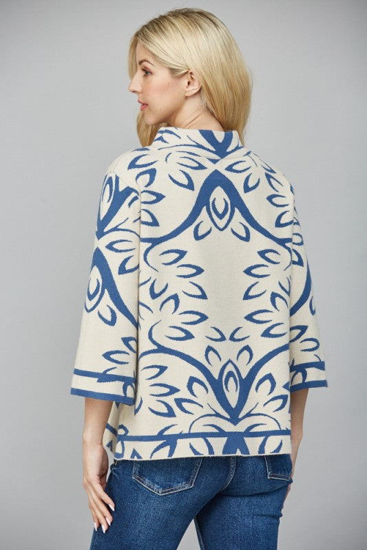 JACQUARD KNIT MOCK NECK SWEATER--CREAM/TEAL