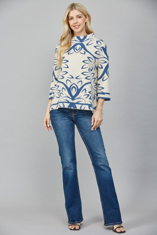 JACQUARD KNIT MOCK NECK SWEATER--CREAM/TEAL
