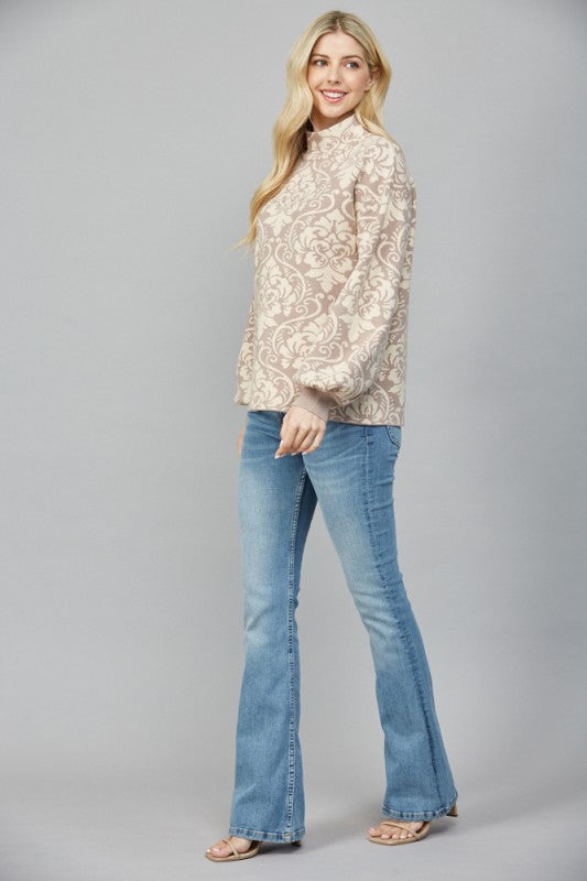 JACQUARD MOCK NECK SWEATER--CREAM/MOCHA