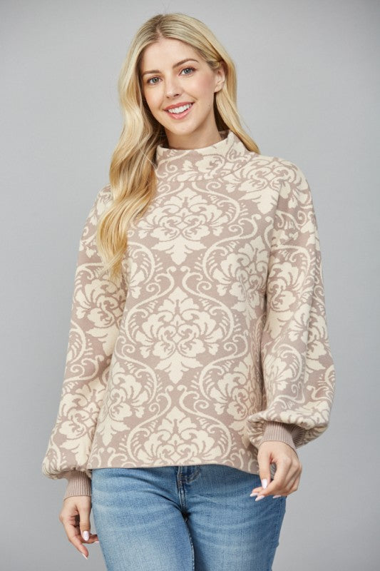 JACQUARD MOCK NECK SWEATER--CREAM/MOCHA