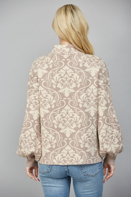 JACQUARD MOCK NECK SWEATER--CREAM/MOCHA