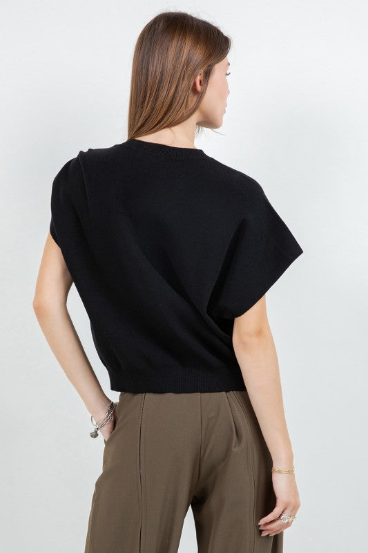 ONE SLEEVE ACCENT METAL RING KNITTED SWEATER--BLACK