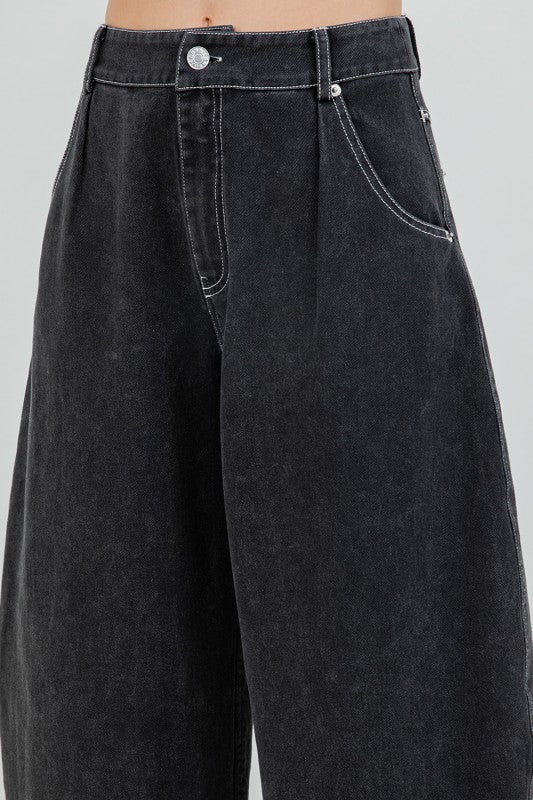 SOFT COTTON WASHED BARREL LEG PANTS--BLACK