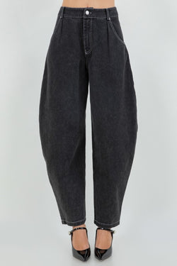 SOFT COTTON WASHED BARREL LEG PANTS--BLACK