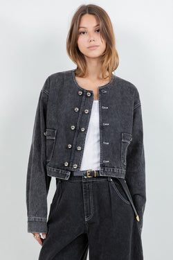 SOFT COTTON WASHED JACKET WITH ACCENT BUTTONS--BLACK