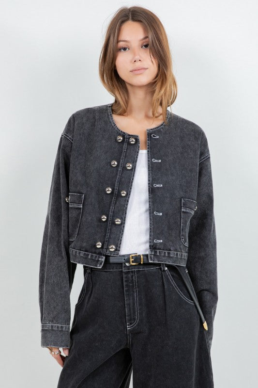 SOFT COTTON WASHED JACKET WITH ACCENT BUTTONS--BLACK