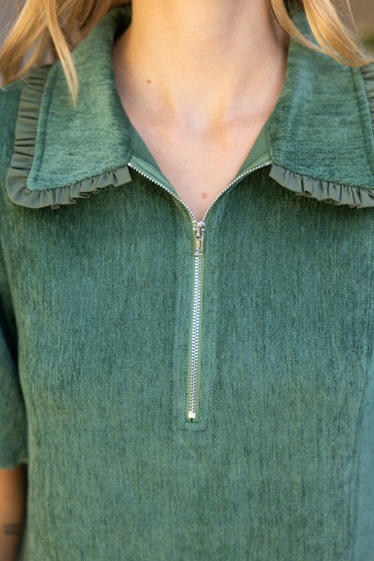 QUARTER ZIP RUFFLE POCKET DRESS--HUNTER GREEN