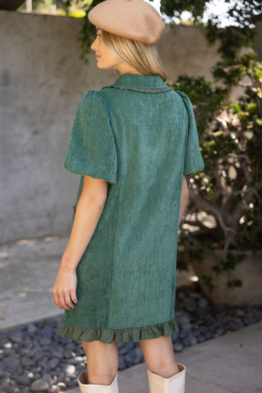 QUARTER ZIP RUFFLE POCKET DRESS--HUNTER GREEN