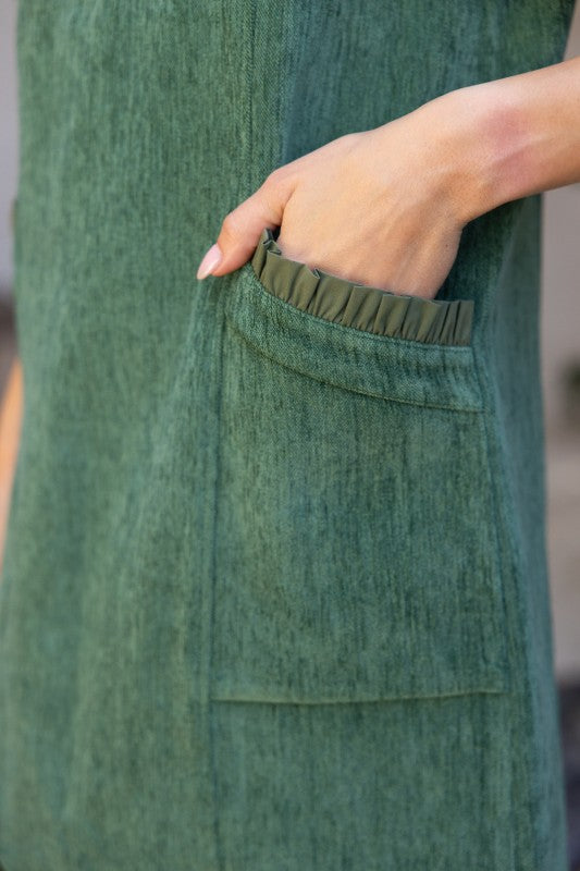 QUARTER ZIP RUFFLE POCKET DRESS--HUNTER GREEN