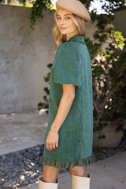QUARTER ZIP RUFFLE POCKET DRESS--HUNTER GREEN