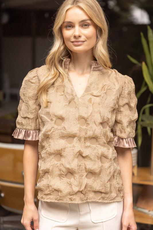 SATIN RUFFLED DOTTED TEXTURED TOP--TAN
