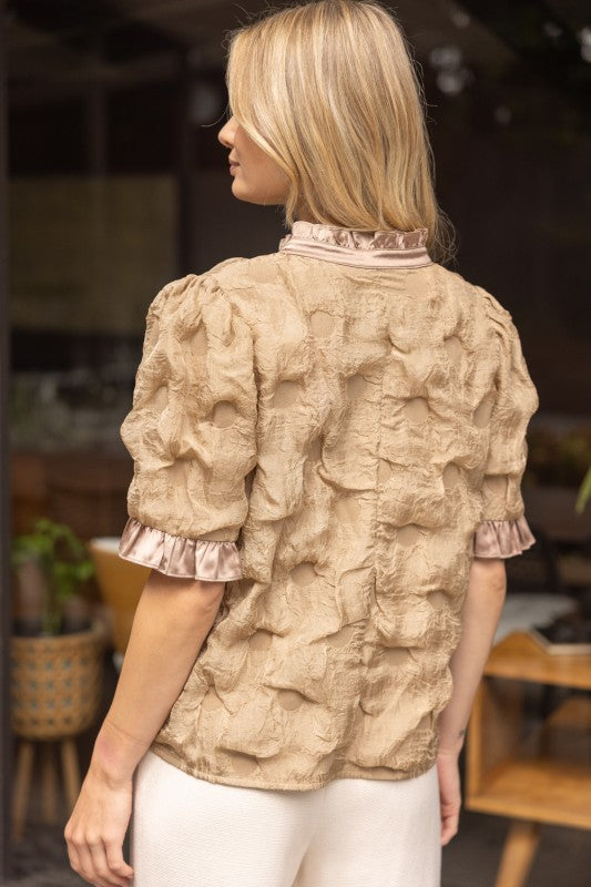 SATIN RUFFLED DOTTED TEXTURED TOP--TAN