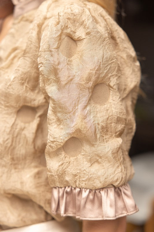 SATIN RUFFLED DOTTED TEXTURED TOP--TAN