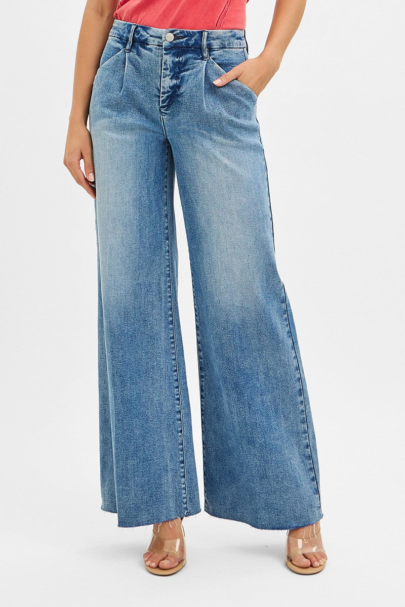 RISEN HIGH RISE WIDE LEG JEANS WITH PLEATS--MEDIUM WASH