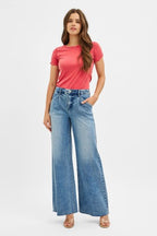 RISEN HIGH RISE WIDE LEG JEANS WITH PLEATS--MEDIUM WASH
