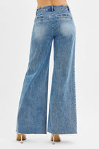 RISEN HIGH RISE WIDE LEG JEANS WITH PLEATS--MEDIUM WASH