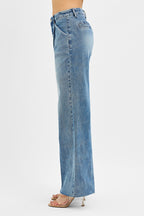 RISEN HIGH RISE WIDE LEG JEANS WITH PLEATS--MEDIUM WASH