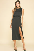 SILKY SIDE SLIT MIDI DRESS--BLACK