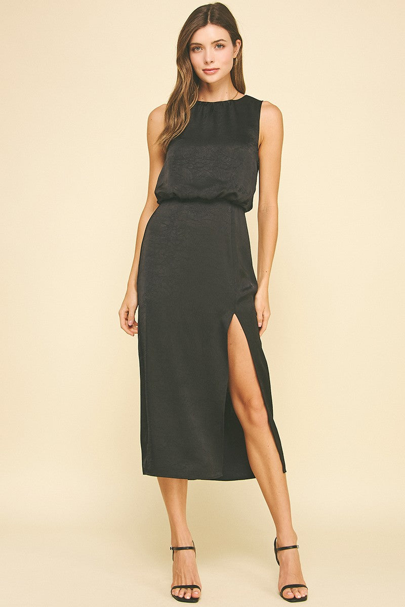 SILKY SIDE SLIT MIDI DRESS--BLACK