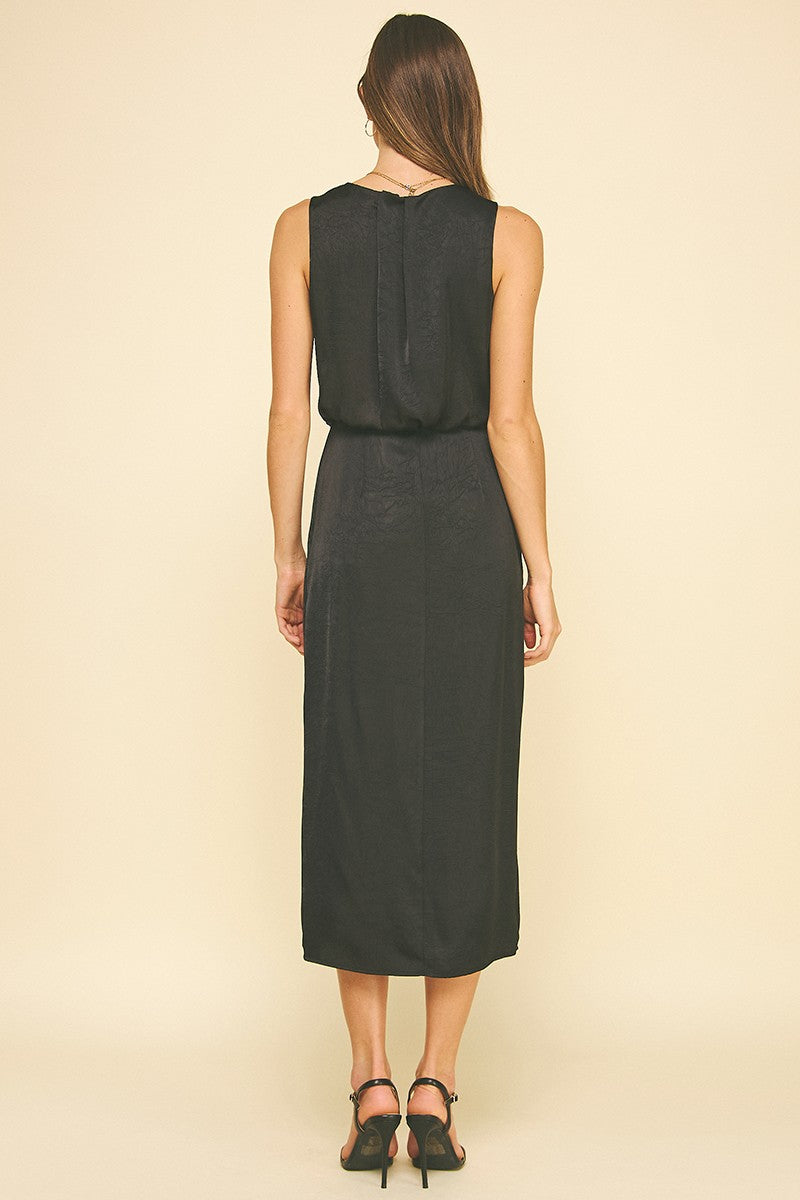 SILKY SIDE SLIT MIDI DRESS--BLACK
