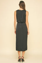 SILKY SIDE SLIT MIDI DRESS--BLACK