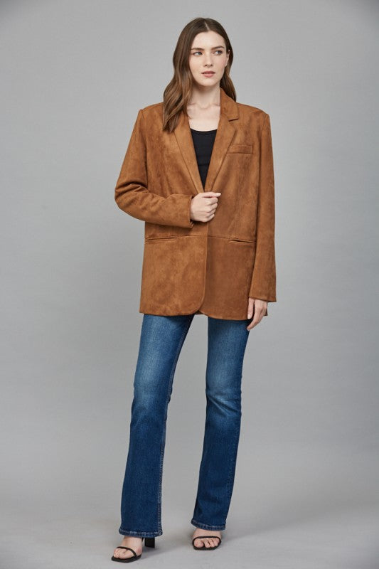 FAUX SUEDE RELAXED FIT BLAZER--COGNAC