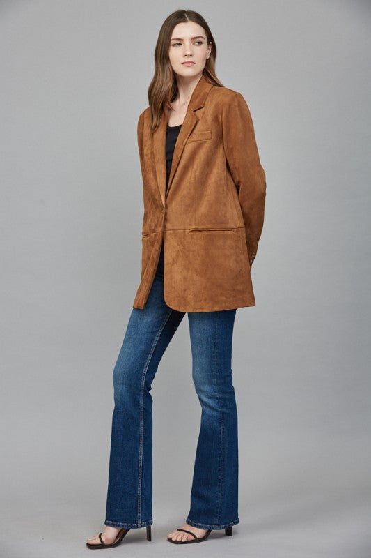 FAUX SUEDE RELAXED FIT BLAZER--COGNAC