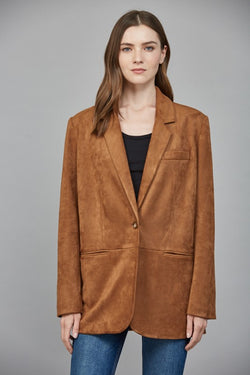 FAUX SUEDE RELAXED FIT BLAZER--COGNAC