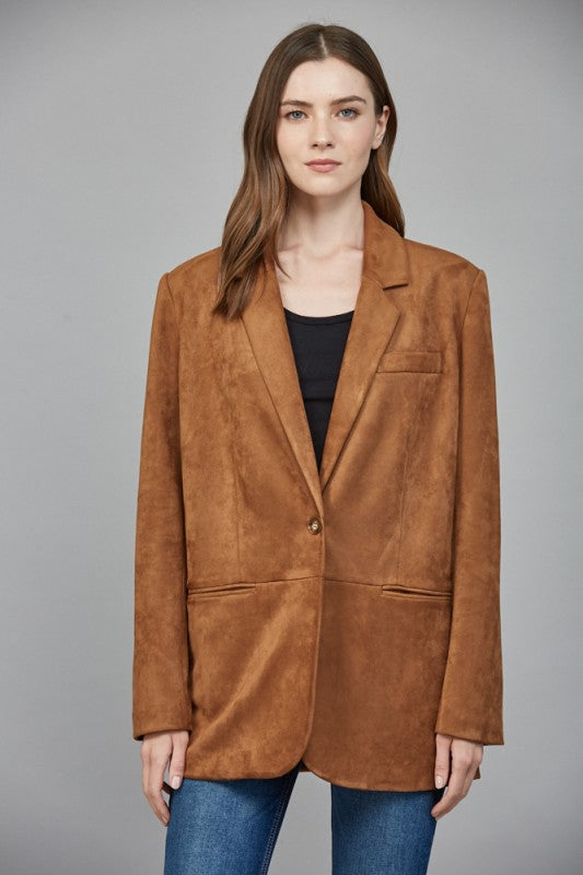 FAUX SUEDE RELAXED FIT BLAZER--COGNAC
