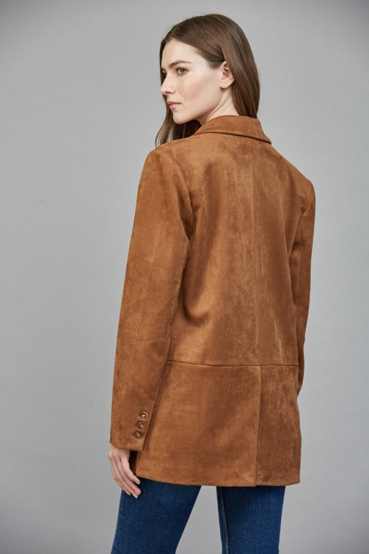 FAUX SUEDE RELAXED FIT BLAZER--COGNAC