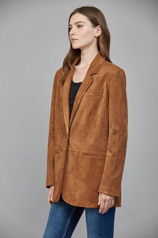 FAUX SUEDE RELAXED FIT BLAZER--COGNAC