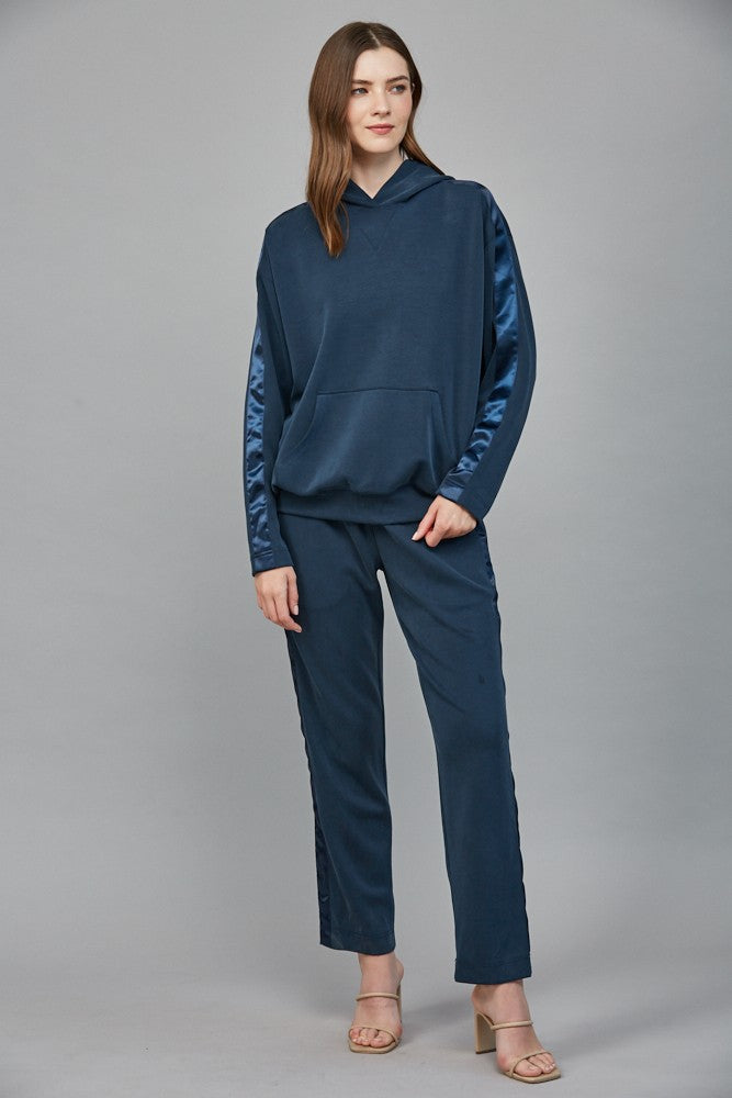 CONTRAST SATIN TRIM HOODIE--NAVY