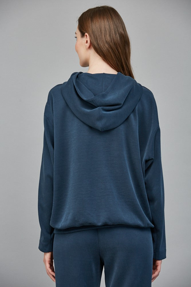 CONTRAST SATIN TRIM HOODIE--NAVY