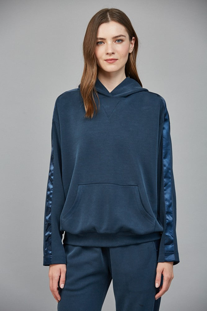 CONTRAST SATIN TRIM HOODIE--NAVY