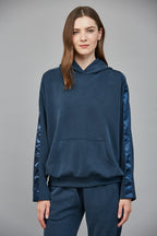 CONTRAST SATIN TRIM HOODIE--NAVY