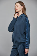 CONTRAST SATIN TRIM HOODIE--NAVY