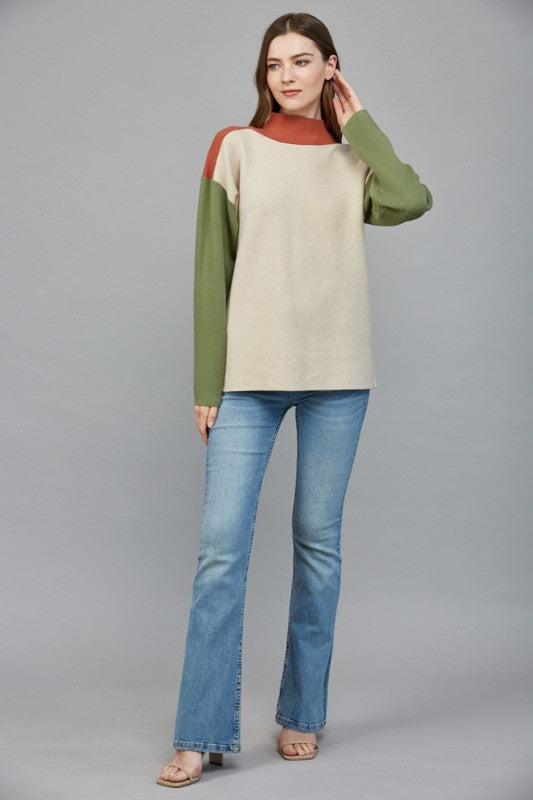 COLOR BLOCKED MOCK NECK TOP--RUST/GREEN/OATMEAL MIX