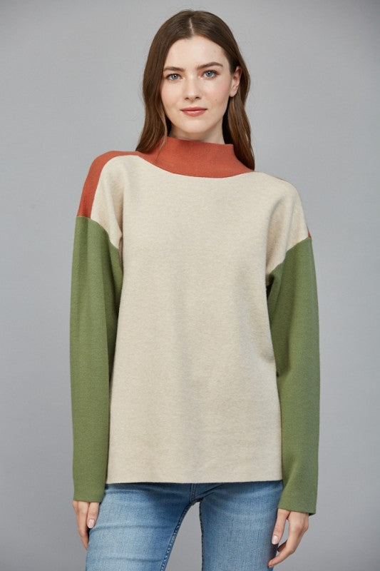 COLOR BLOCKED MOCK NECK TOP--RUST/GREEN/OATMEAL MIX
