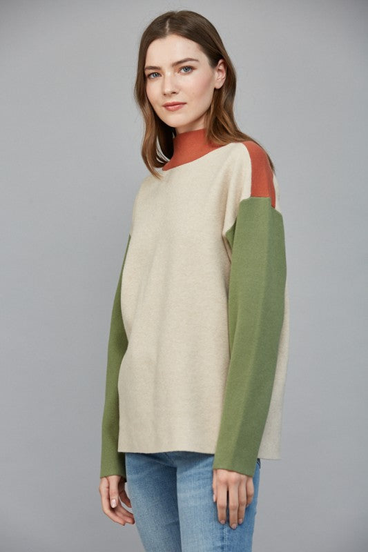 COLOR BLOCKED MOCK NECK TOP--RUST/GREEN/OATMEAL MIX