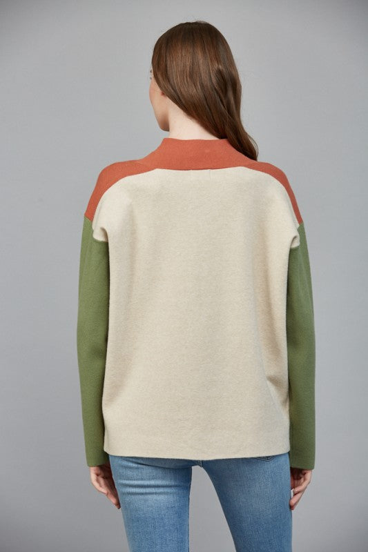 COLOR BLOCKED MOCK NECK TOP--RUST/GREEN/OATMEAL MIX