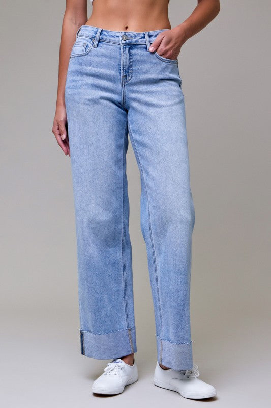 HIDDEN MID RISE LOGAN DAD JEAN WITH RAW HEM 3" CUFF--LIGHT WASH