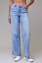 HIDDEN MID RISE LOGAN DAD JEAN WITH RAW HEM 3" CUFF--LIGHT WASH