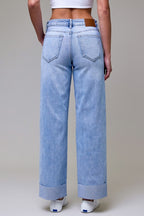 HIDDEN MID RISE LOGAN DAD JEAN WITH RAW HEM 3" CUFF--LIGHT WASH