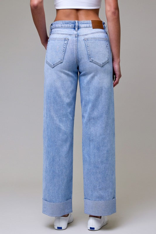 HIDDEN MID RISE LOGAN DAD JEAN WITH RAW HEM 3" CUFF--LIGHT WASH