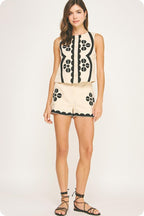 CONTRAST EMBROIDERY VEST TOP--ECRU/BLACK